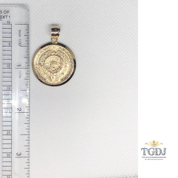 14k Solid Yellow Gold Aztec Calendar Pendant 27MM